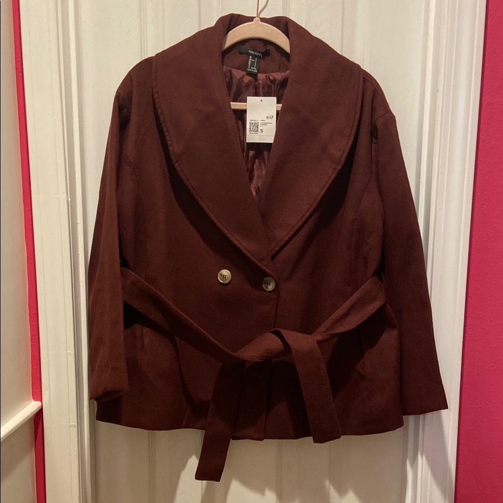 NWT Forever 21 Burgundy Red Belted Button Flannel Satin Pocket Wrap Coat
